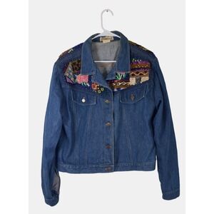 KK88 Designs‎ Denim Jacket Womens XL Blue Flower Embroidery Beaded Art To Wear